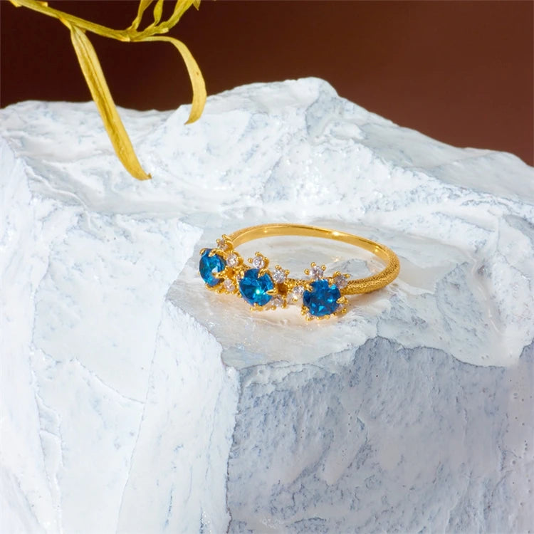 925 Sterling Silver 14K Gold Plated Gemstone Deep Space Blue Zircon 3 Zircon Sandblasting Process Ring