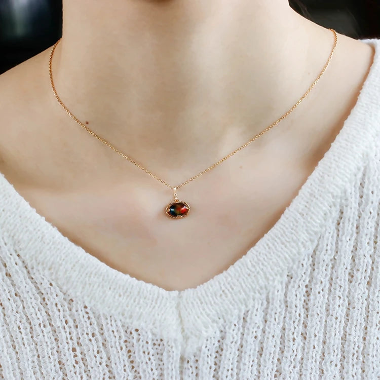 Emotional Factory 925 Sterling Silver 14K Gold Plated Gemstone Oval Natural Stone Ammolite Necklace