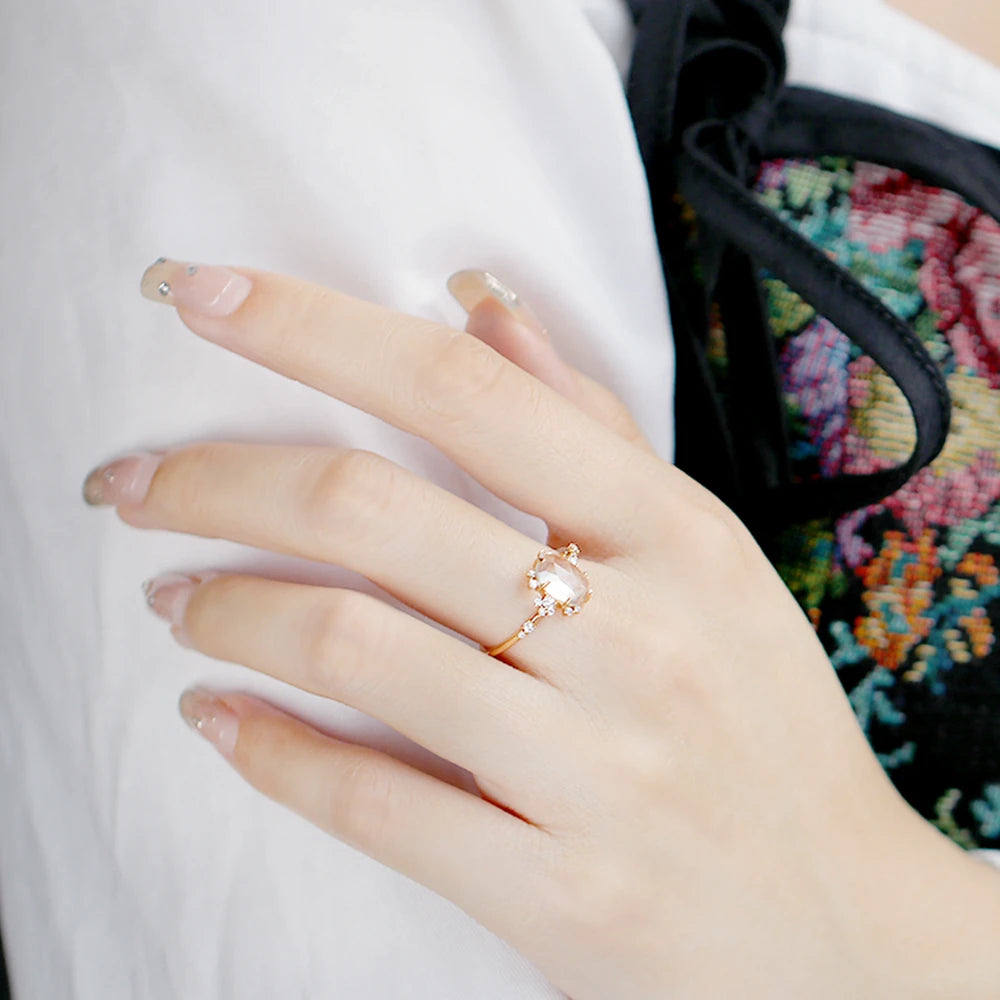 Emotional Factory 925 Sterling Silver 14K Gold Plated Gemstone Series Sugar Rock Crystal White Crystal Zircon Egg Shape Ring