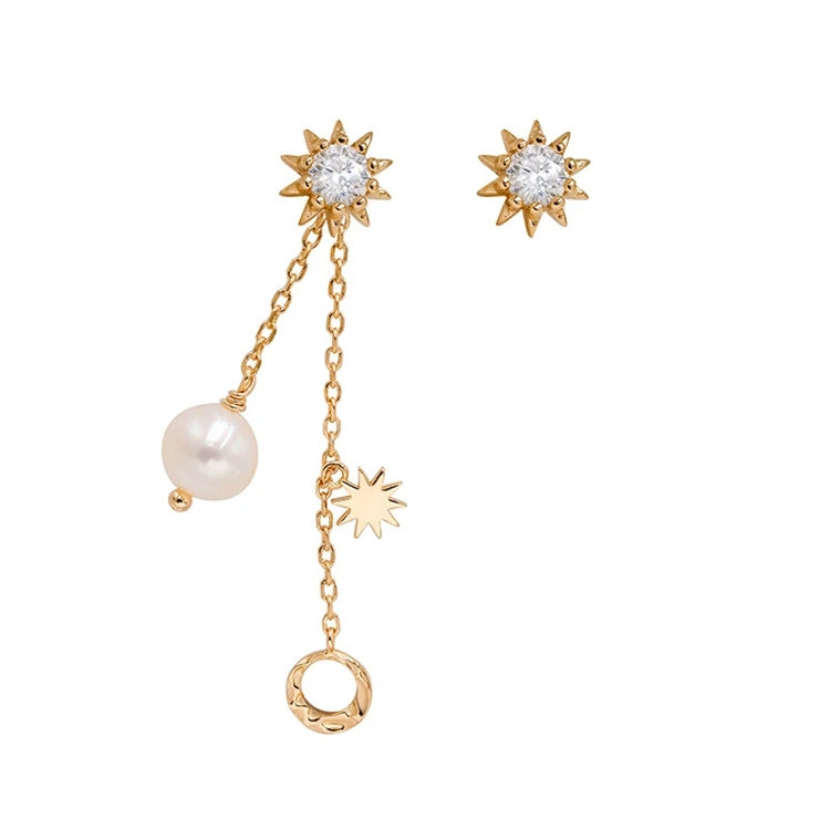 Emotional Factory 925 Sterling Silver 14K Gold Plated Gemstone Tassels Zircon Star Pearl Stud Hoop Earrings Set