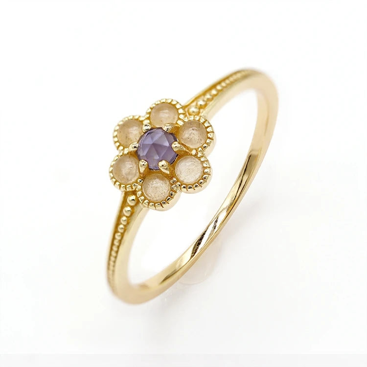 925 Sterling Silver 14K Gold Plated Gemstone Moonstone Flower Cordierite Natural Orange Moonlight Iolite Ring