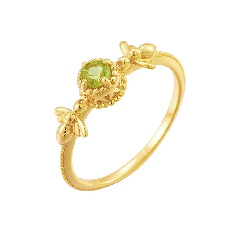 925 Sterling Silver 14K Gold Plated Gemstone Natural Peridot Animal Jewelry Bee Ring
