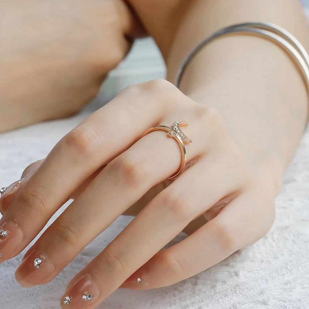 925 Sterling Silver 14K Gold Plated Gemstone Cz Zircon Meteors Star Moon Ring