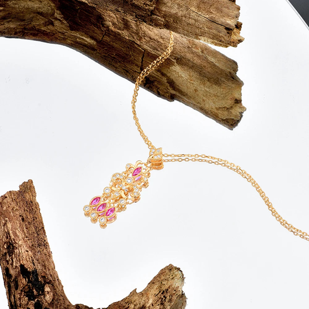 Emotional Factory Jewelry 925 Sterling Silver 14K Gold Plated Gemstone Series Red Corundum White Zircon Tassel Necklace