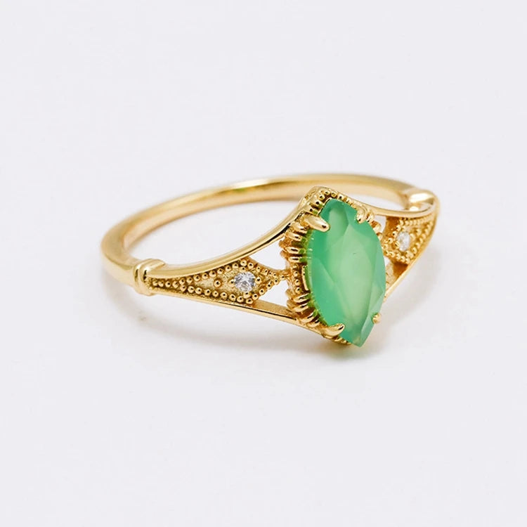 Emotional Factory 925 Sterling Silver 14K Gold Plated Gem Stone Gemstone Cz Zircon Geometric Drop Light Green Chalcedony Ring