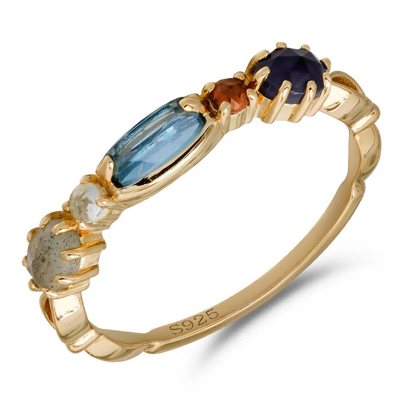 Emotional Factory 925 Sterling Silver 14K Gold Plated Gemstone Geometric Labradorite Topaz Cordierite Iolite Ring