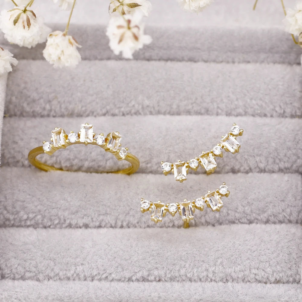 Custom Factory 925 Sterling Silver 14K Gold Plated Gem Gemstone Square White Topaz Stack Ring