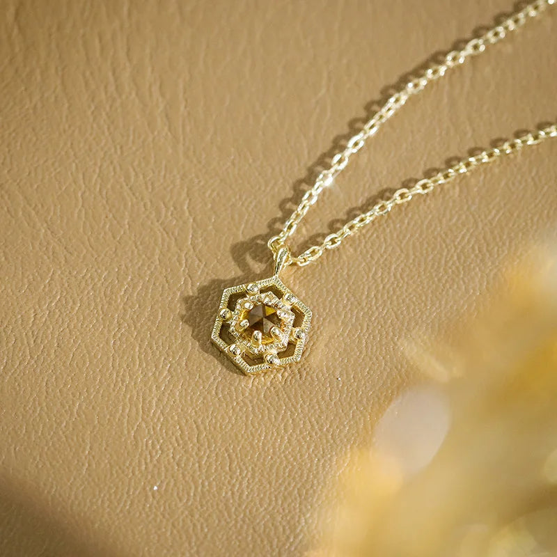 Emotional Factory 925 Sterling Silver 14K Gold Plated Gemstone Lace Hollow Geometric Citrine Peridot Necklace