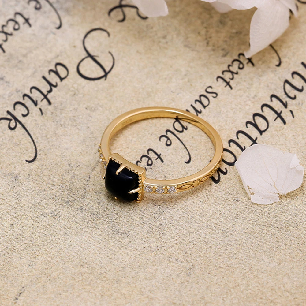 925 Sterling Silver 14K Gold Plated Gem Stone Gemstone Retro Cz Zircon Earrings Geometric Square Black Agate Carnelian Onyx Ring