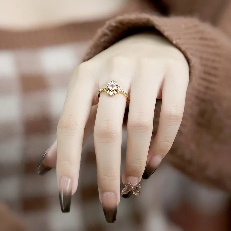 925 Sterling Silver Gold Plated Gemstone Butterfly Strawberry Moon Star Cz Zircon Rose Quartz Night Sky Iolite Labradorite Ring