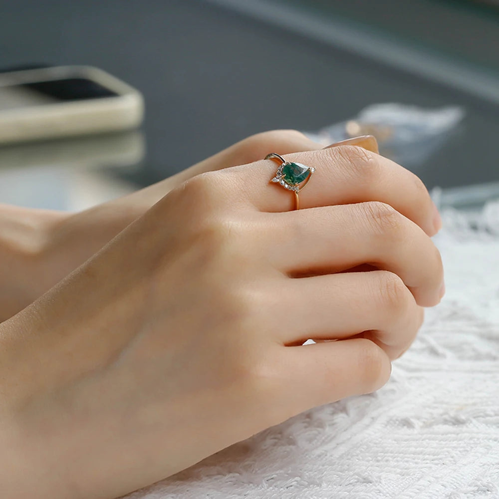 925 Sterling Silver 14K Gold Plated Gemstone Cz Zircon Hollow Moss Agate Ring With Natural Stone