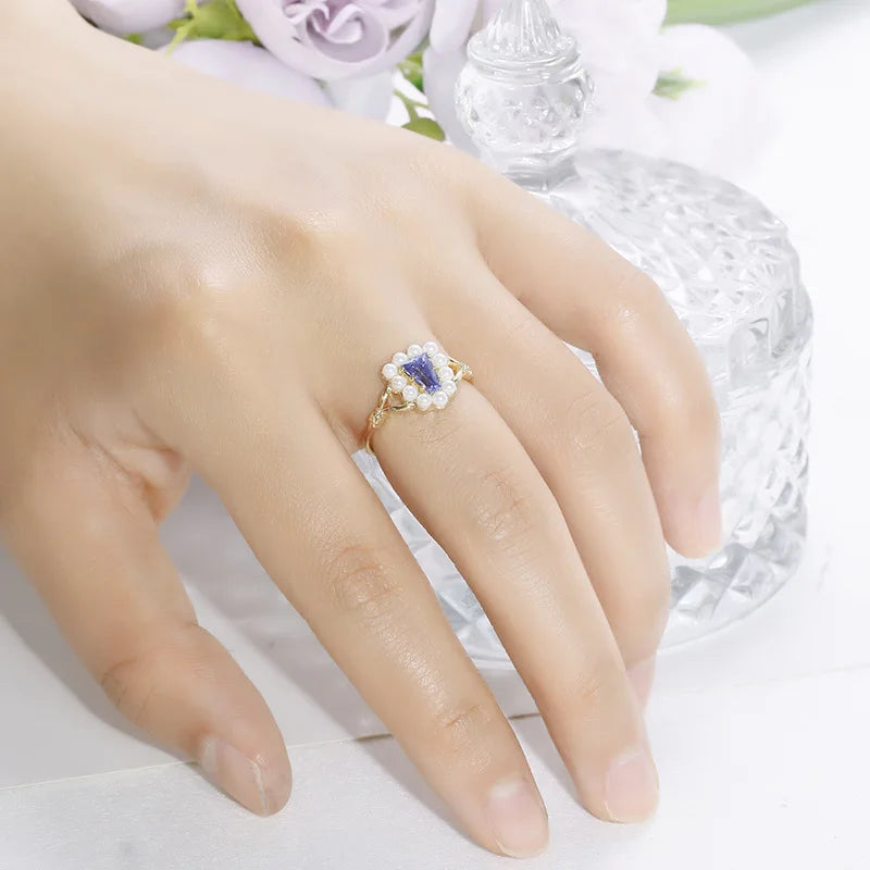 925 Sterling Silver 14K Gold Plated Gemstone Geometric Trapezoid Tanzanite Zirconia Cz Zircon Shell Bead Pearl Ring