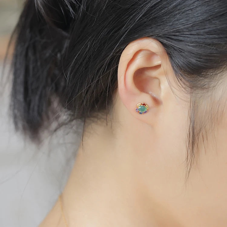 925 Sterling Silver 14K Gold Plated Gemstones Colourful Rainbow Red Garnet Natural Green Chalcedony Crystal Earrings