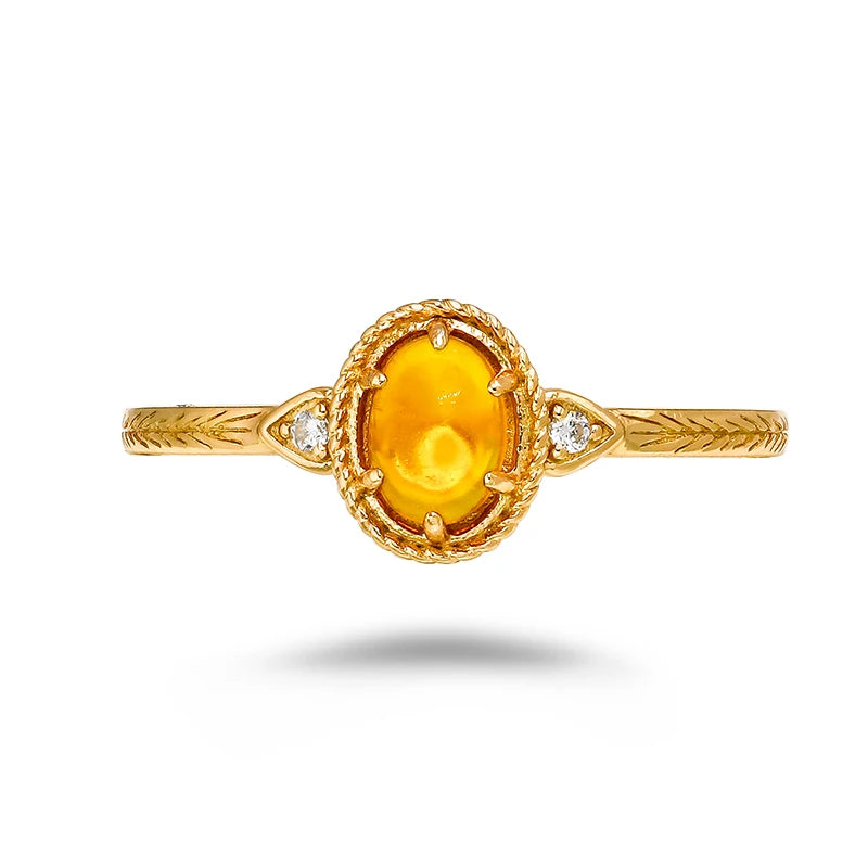 Retro Oval Amber Zircon Carved S925 Ring  Plated 14K Gold
