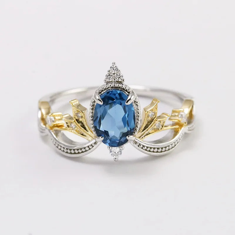 Bagues De Haute Joaillerie 925 Sterling Silver Gold Plated Gemstone Retro Carved Hollow Lace London Blue and White Zirconia Ring
