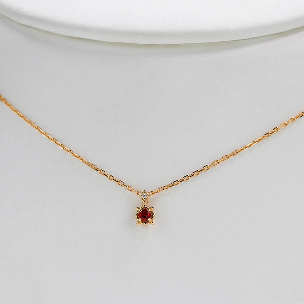 Emotional Factory 925 Sterling Silver 14K Gold Plated Gem Stone Gemstone Simplicity Single Round Stone Lab-Grown Ruby Necklace