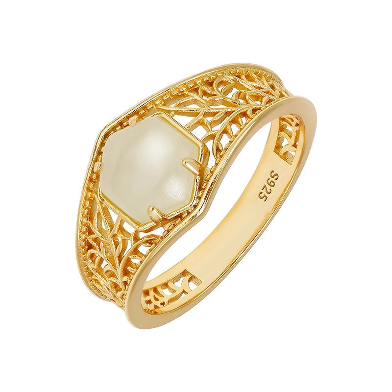 Piedras Pata  Artesanal Joyeria Por Mayor Retro Hollow Carved RingS925Silver Plating14KKim Hetian Jade Ring