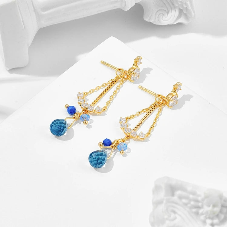 Emotional Factory 925 Sterling Silver 14K Gold Plated Gemstone Light Coloured Three Piece Set Blue Zircon Lapis Lazuli Earrings
