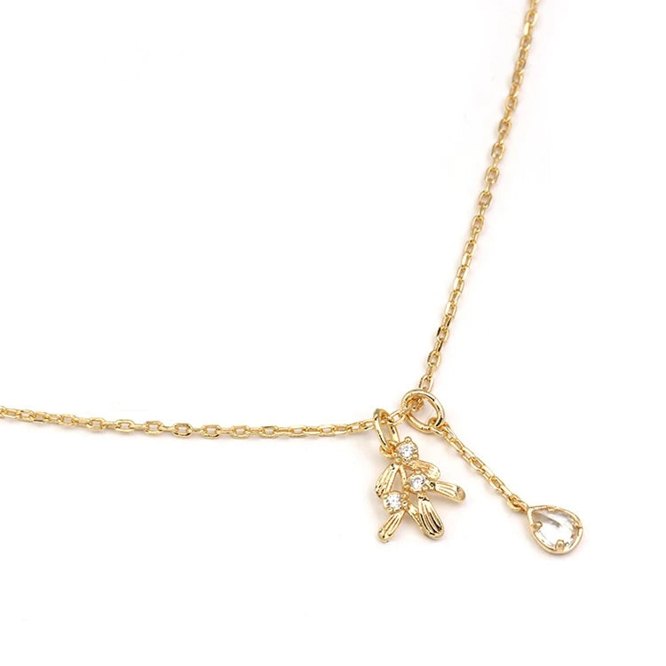 Emotional Factory 925 Sterling Silver 14K Gold Plated Gemstone Drop Leaf Crystal Double Pendant Necklace