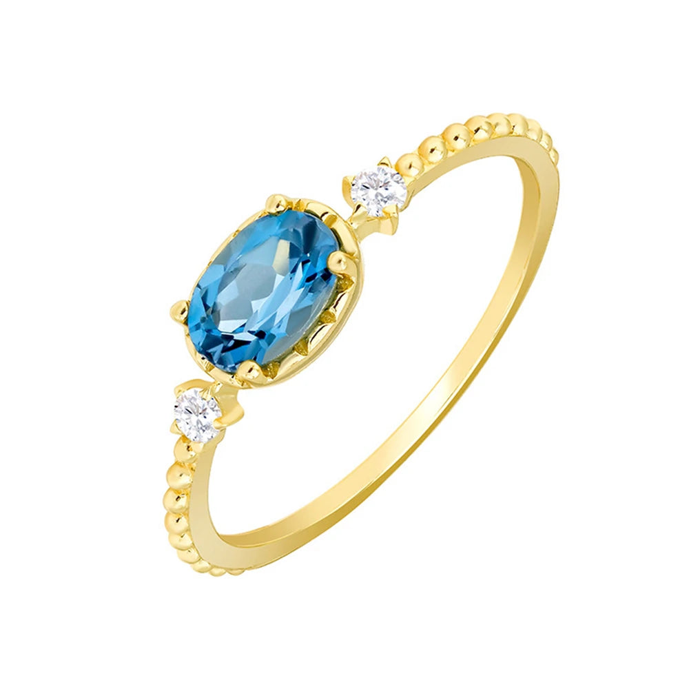 Emotional Factory 925 Sterling Silver 14K Gold Plated Natural Stone Gemstone Zircon Bead Blue Topaz Ring