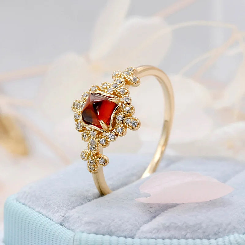 Red Garnet  Retro Style Pomegranate White Zirconium Ring S925 Silver Plating 14k Gold Fine Jewelry