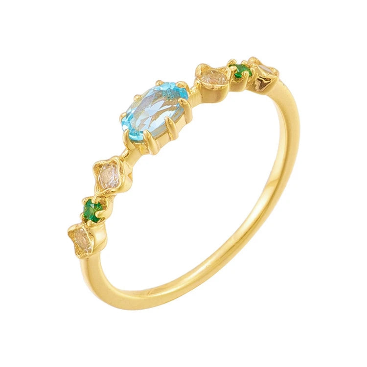 925 Sterling Silver 14K Gold Plated Gemstone Series Green Nanostone Fine Natural Topaz Ring