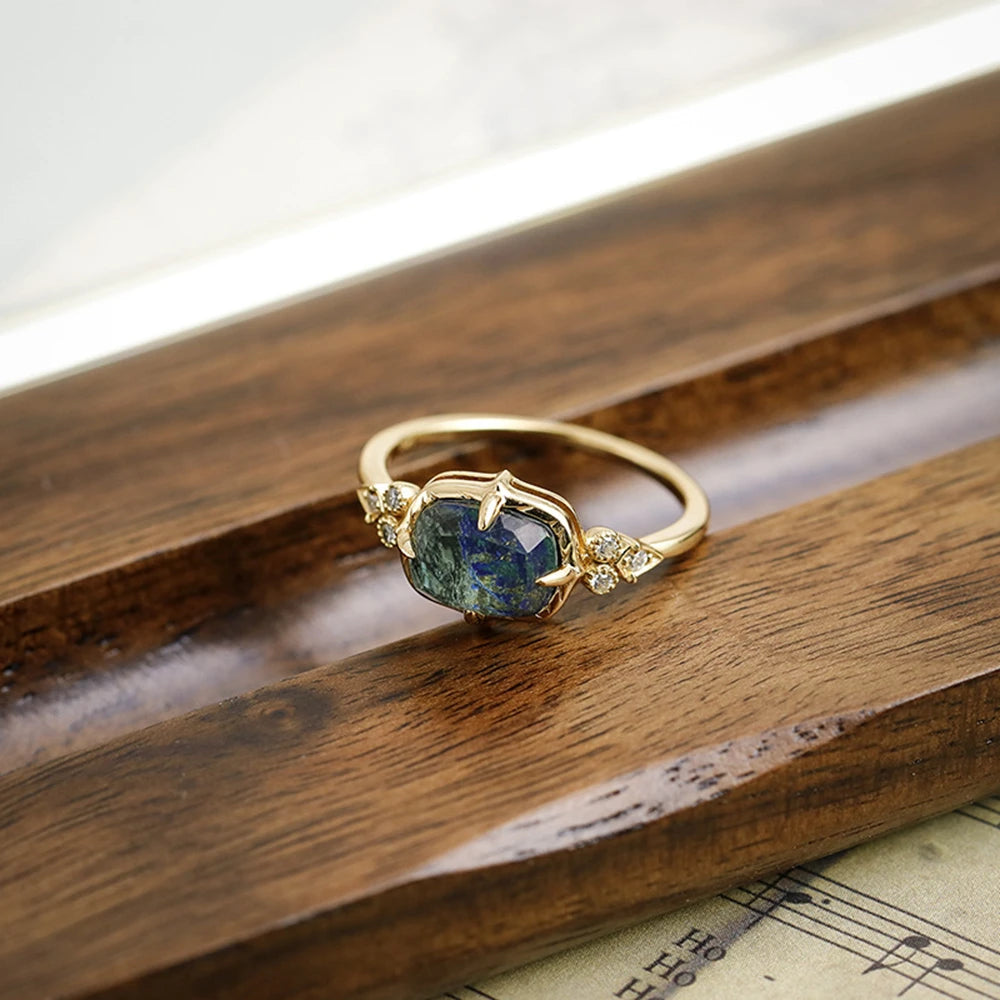 Emotional Factory 925 Sterling Silver 14K Gold Plated Gem Stone Gemstone Cz Zircon Vintage British Style Chrysocolla Ring