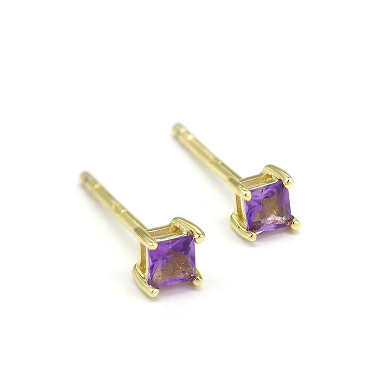 925 Sterling Silver 14K Gold Plated Gemstone Minimalist Simple Mini Amethyst Sky Blue Topaz Earrings
