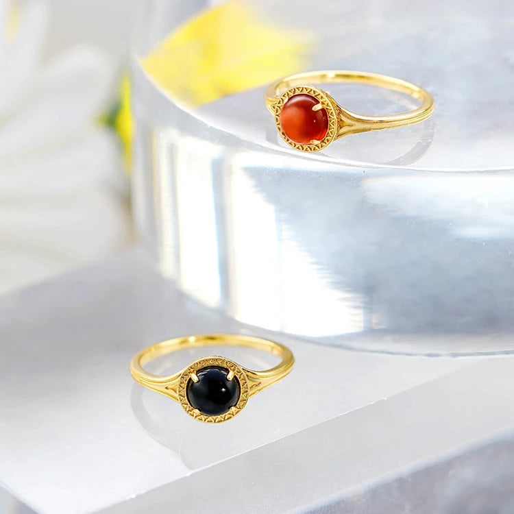 Emotional Factory 925 Sterling Silver 14K Gold Plated Gemstones Round Carved Garnet Black Onyx Ring