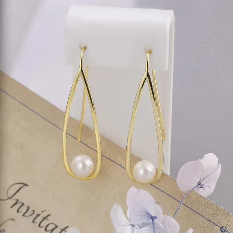 Elegant Drop-shaped Hollow Design Simple Earrings S925Silver Plating14KGold Natural Water Pearl Earrings