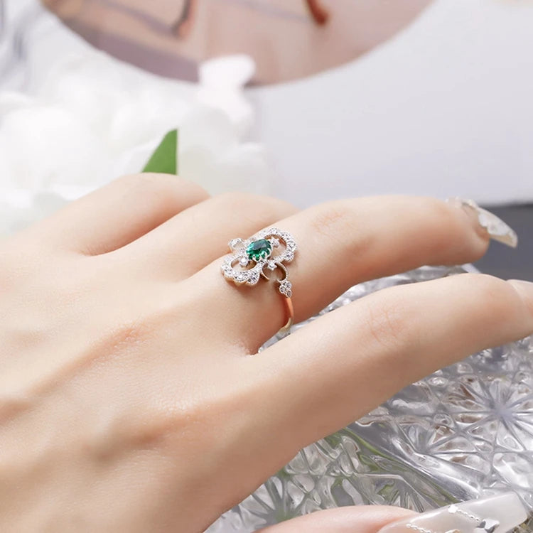 Emotional Factory 925 Sterling Silver 14K Gold Plated Gem Stone Gemstone Cz Zircon Flower Cultured Emerald Ring