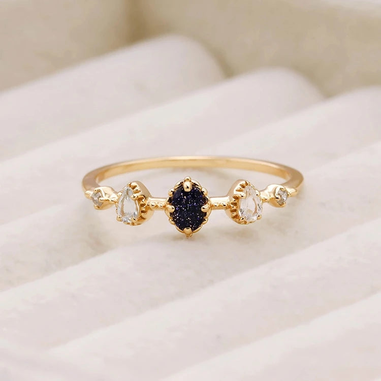 Emotional Factory 925 Sterling Silver 14K Gold Plated Gemstone Zircon Drop Topaz Night Sky Stars Blue Aventurine Ring
