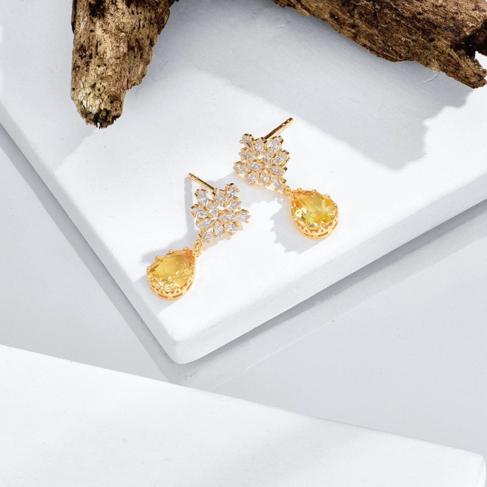 Emotional Factory Jewelry 925 Sterling Silver 14K Gold Plated Gemstone Series Snowflake Flower Natural Citrine Earrings