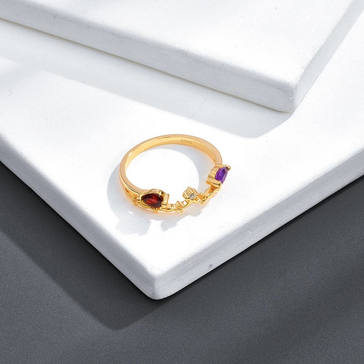 Emotional Factory 925 Sterling Silver 14K Gold Plated Gemstone Colorful Gems Amethyst Red Garnet Ring