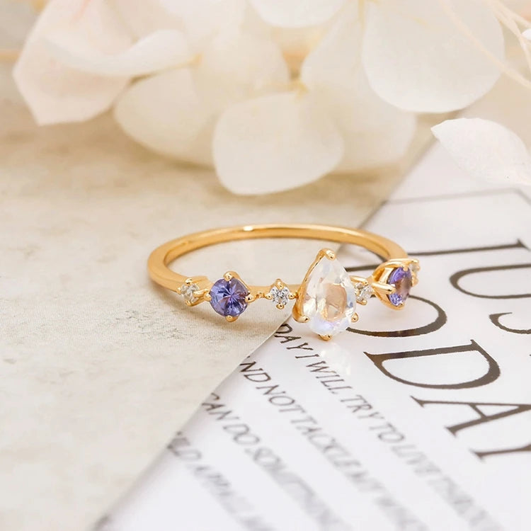 Emotional Factory 925 Sterling Silver 14K Gold Plated Gemstone Drop Tanzanite Zircon Stone Moonstone Ring
