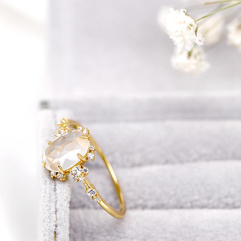 Emotional Factory 925 Sterling Silver 14K Gold Plated Gemstone Series Sugar Rock Crystal White Crystal Zircon Egg Shape Ring