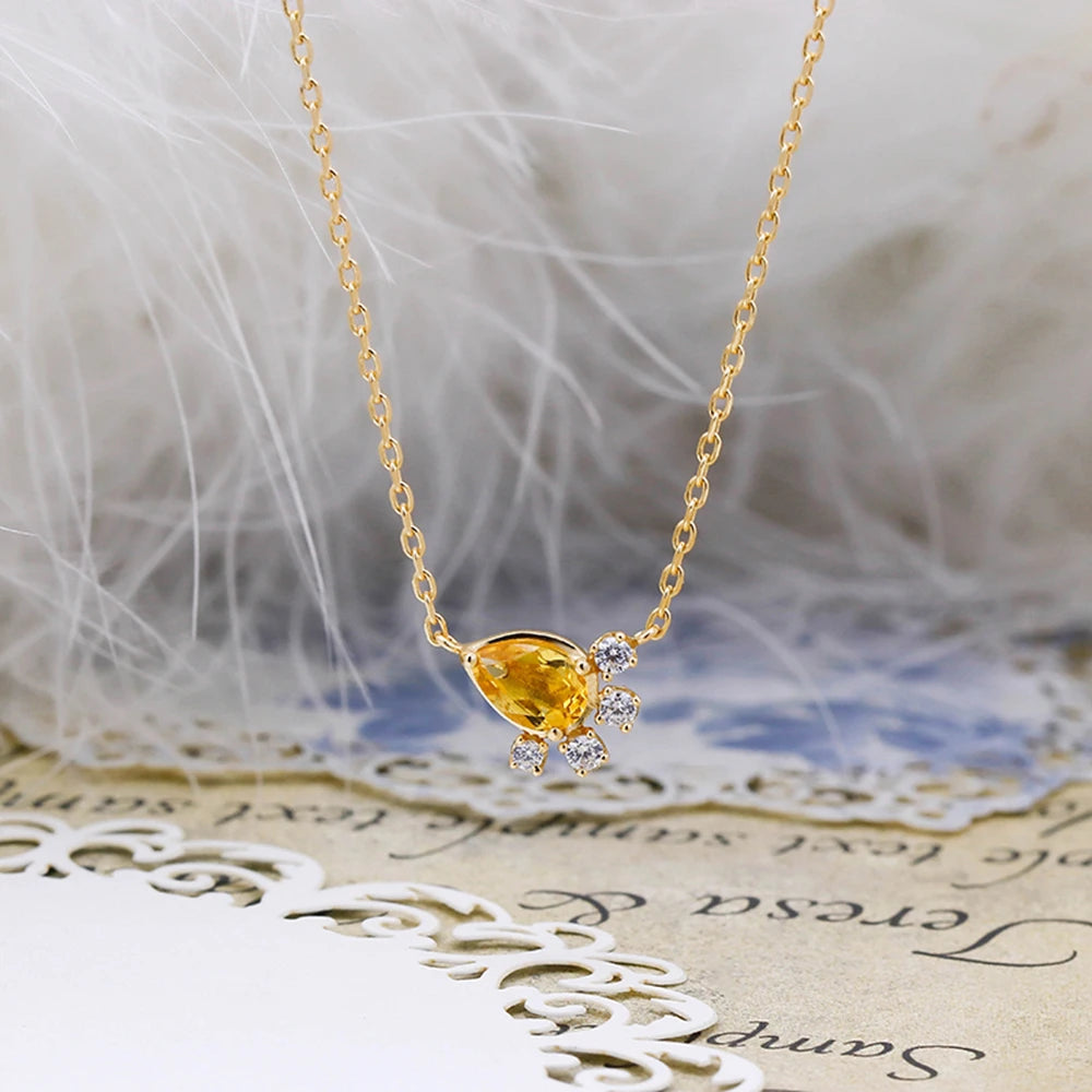 925 Sterling Silver 14K Gold Plated Gemstone Zircon Petals Drop Citrine Necklace With Natural Stone