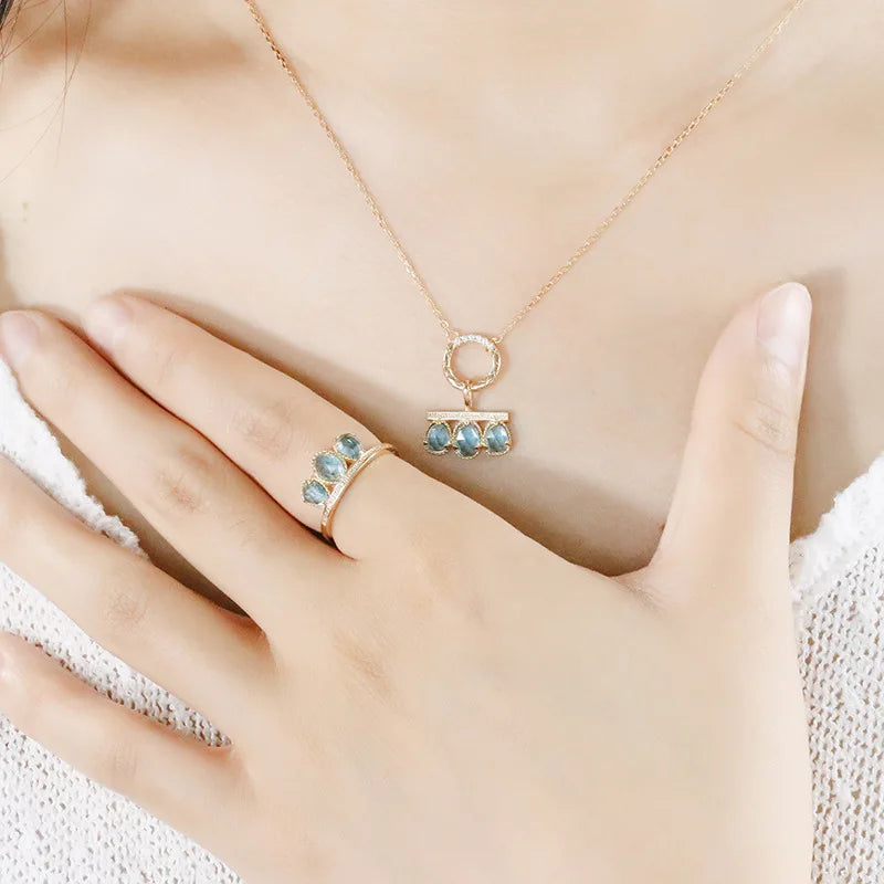 Emotional Factory 925 Sterling Silver 14K Gold Plated Gemstone Vintage Blue Rose Cut Grass 3 Stone Ring