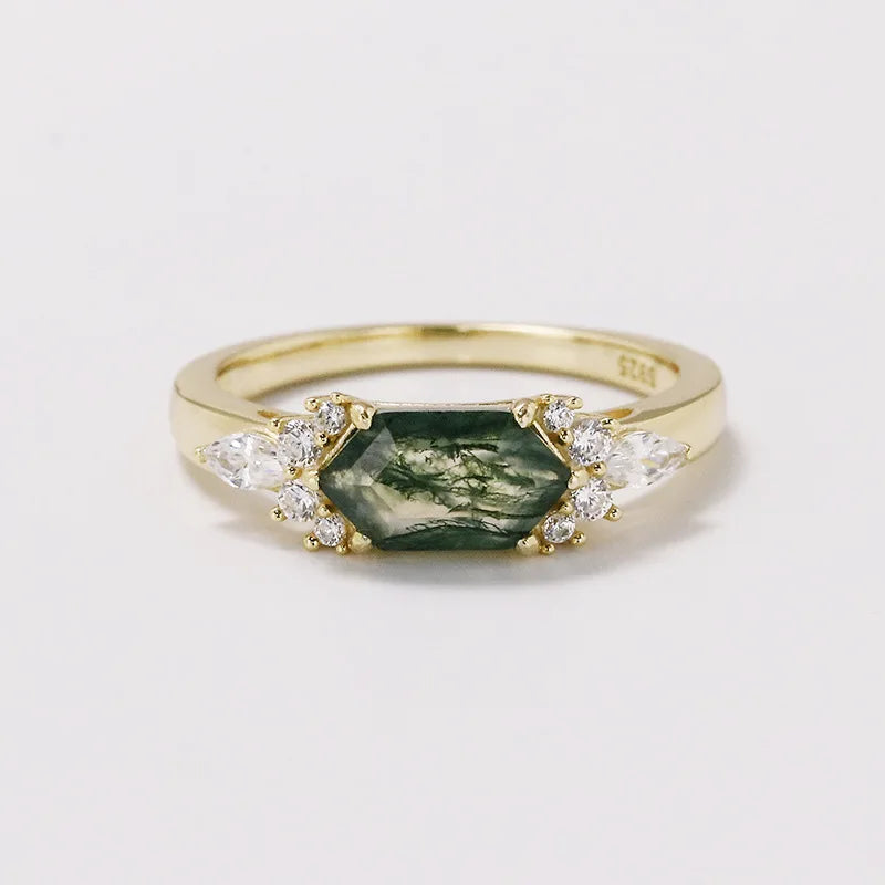 Emotional Anel De Casal Factory 925 Sterling Silver 14K Gold Plated Gemstone Cz Zircon Geometric Hexagon Moss Agate Ring