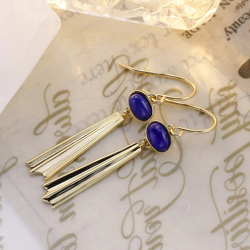 Emotional Factory 925 Sterling Silver 14K Gold Plated Gemstone Literary Retro Thickness Lapis Lazuli Earrings