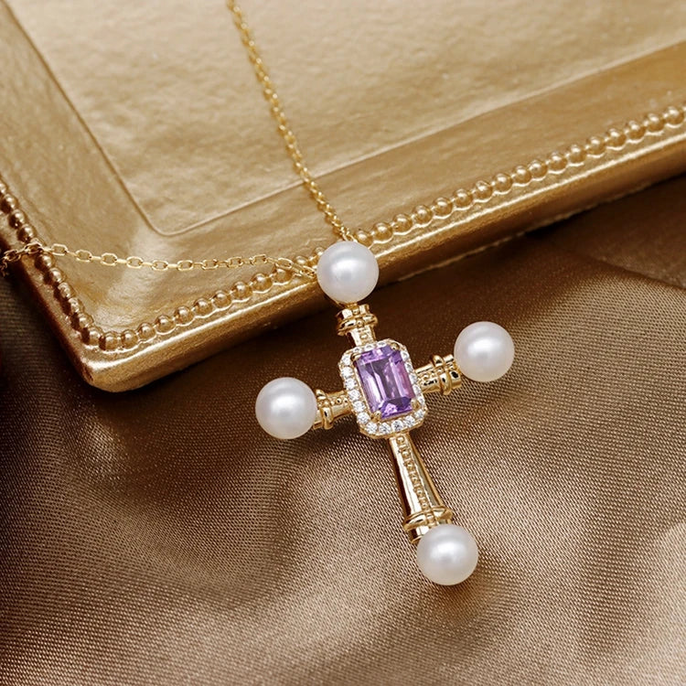 Emotional Factory 925 Sterling Silver 14K Gold Plated Gemstone Amethyst Natural Freshwater Pearls Cross Necklace
