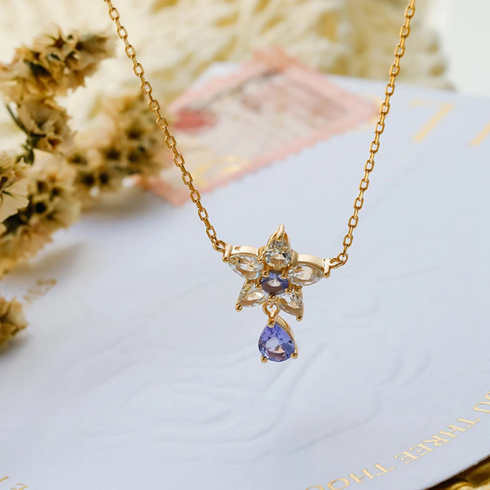 Emotional Factory 925 Sterling Silver 14K Gold Plated Gem Stone Gemstone Tanzanite Zircon Eustoma Flower White Topaz Necklace