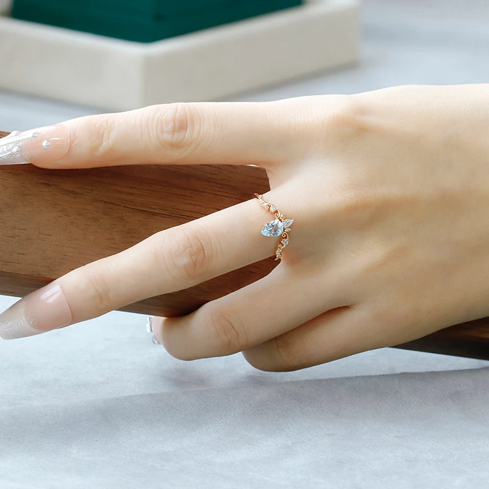 925 Sterling Silver 14K Gold Plated Gemstone Retro  Cz Zircon Crown Design Sky Blue Topaz Ring