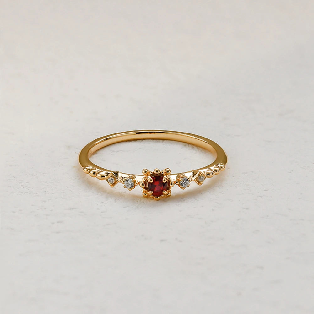 Emotional Factory 925 Sterling Silver 14K Gold Plated Gem Stone Gemstone Simplicity Single Round Stone Lab-Grown Ruby Ring