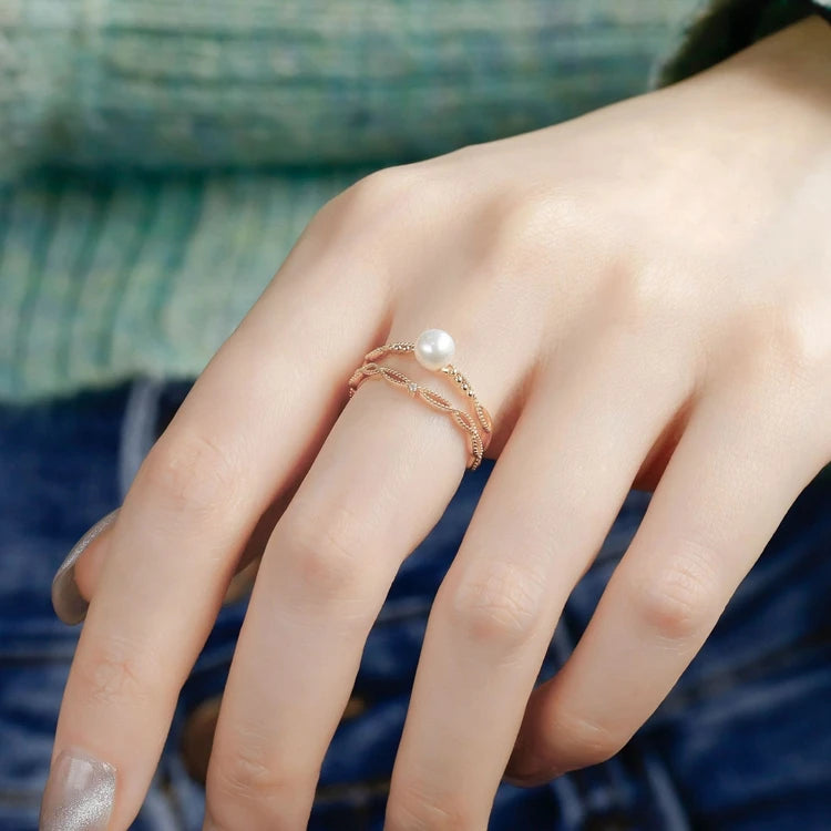 Emotional Factory 925 Sterling Silver 14K Gold Plated Gemstone Zircon Double-Layer Pearl Ring Set