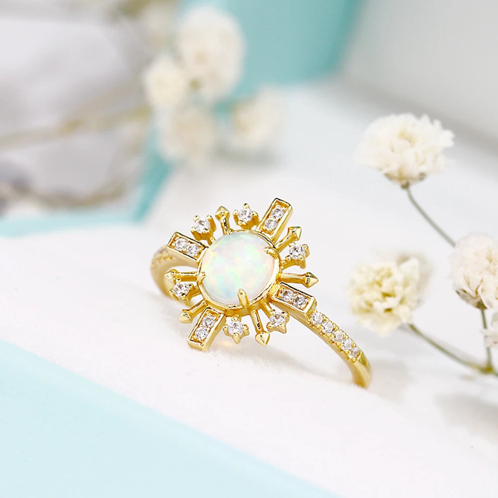 Emotional Factory 925 Sterling Silver 14K Gold Plated Gemstone Series Opal Sun Flower Shining Ring