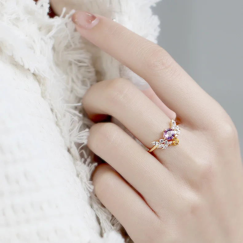 925 Sterling Silver 14K Gold Plated Gemstone Butterfly Natural Amethyst Lace Zircon Adjustable Pattern Stacked Relief Ring