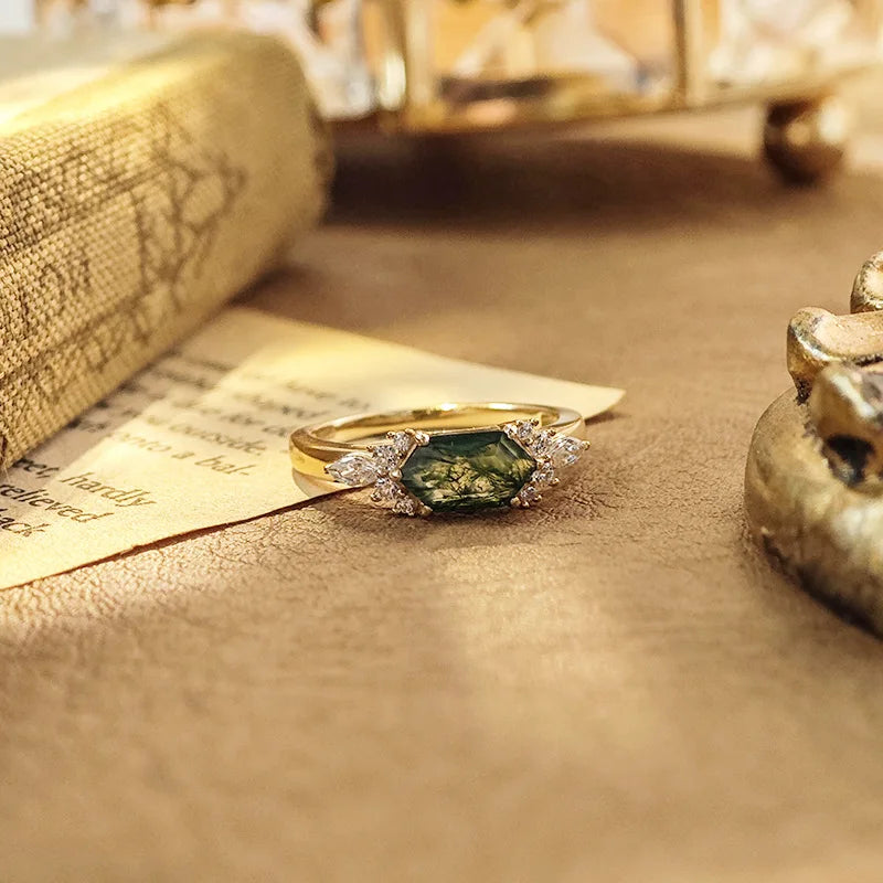 Emotional Anel De Casal Factory 925 Sterling Silver 14K Gold Plated Gemstone Cz Zircon Geometric Hexagon Moss Agate Ring