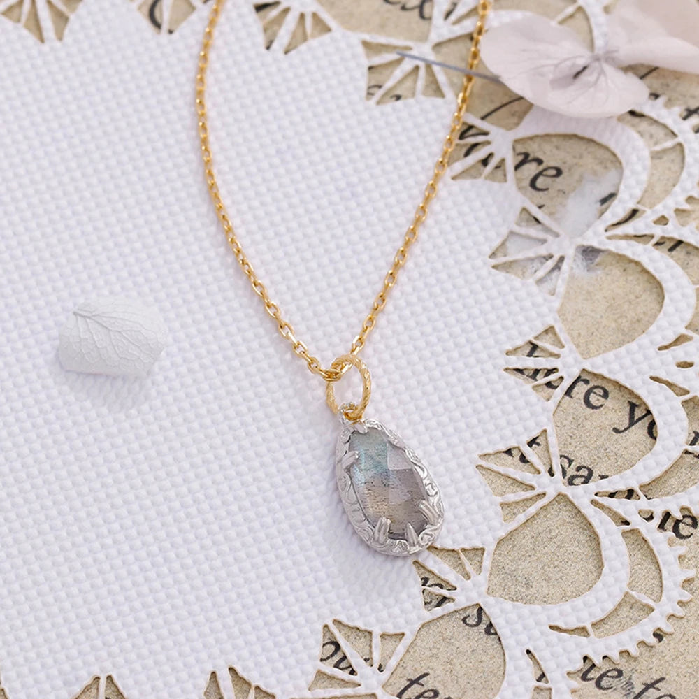 925 Sterling Silver 14K Gold Plated Gem Stone Twisted  Irregular Strip Blue Labradorite Pendant Necklace With Normal Cross Chain