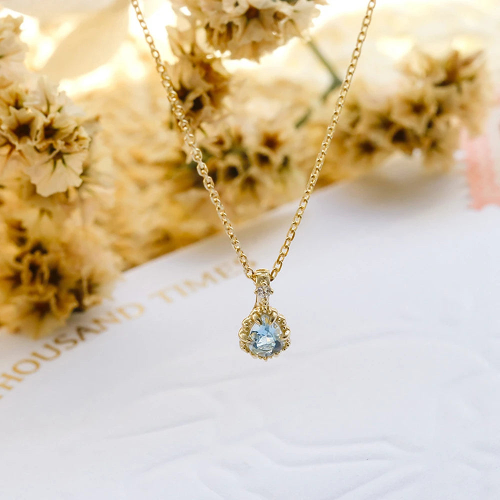 Emotional Factory 925 Sterling Silver 14K Gold Plated Gem Stone Gemstone March Birthstone Drop Natural Aquamarine Necklace